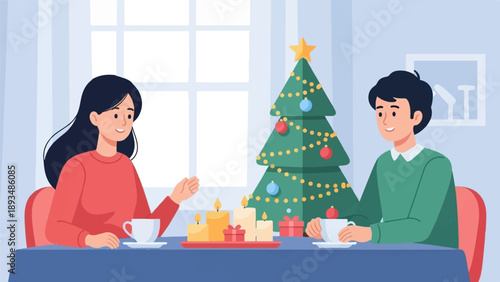 Festive holiday scene with a couple by a decorated Christmas tree and lit candles