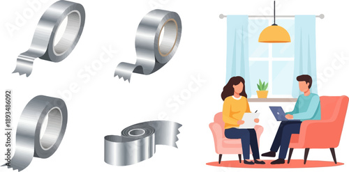 Flat design illustration of adhesive tape rolls and two people in a meeting