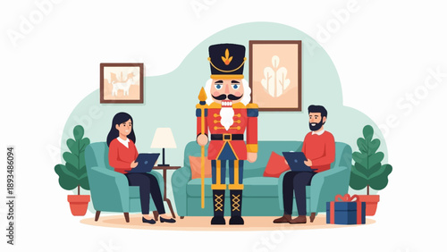 Festive holiday room with a nutcracker, two people on couch with laptops, and gifts
