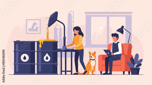 Flat design illustration of people, dog, and oil barrels in a room