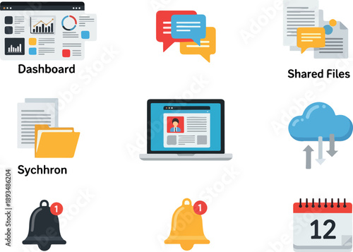 Modern digital office technology icons for workflow and data management