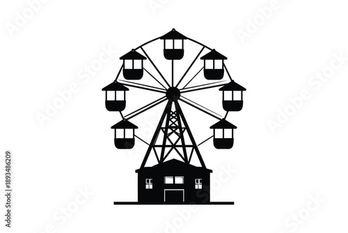 Ferris wheel amusement park ride silhouette icon with passenger cabins and ticket booth building at base area