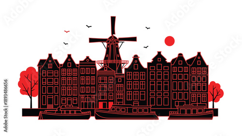 Silhouette of historic Amsterdam canal houses and traditional windmill features boats and a red sun in a minimalist artistic style.