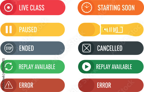 Collection of colorful buttons and icons representing various class statuses and actions such as live, paused, ended, replay, and error states