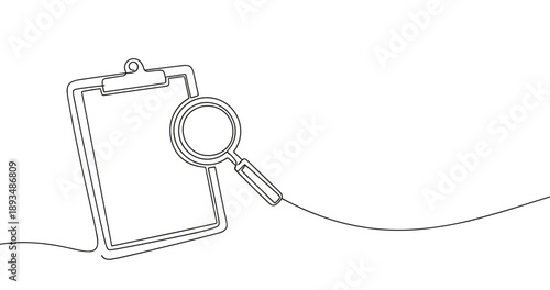 Minimalist line art: magnifying glass and clipboard design in black and white. No editable stroke