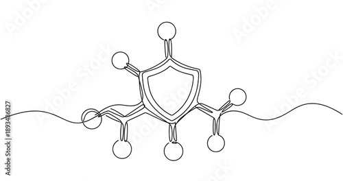 Minimalist shield and molecules symbolizing health protection and scientific safety. No editable stroke