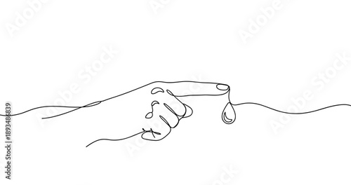 Minimalist line art: hand with droplet on finger in simple design. No editable stroke