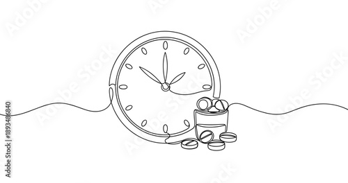 Continuous line drawing of clock and medicine illustrating time for medication. No editable stroke
