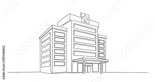 Line art of modern hospital building with cross symbol on top. No editable stroke