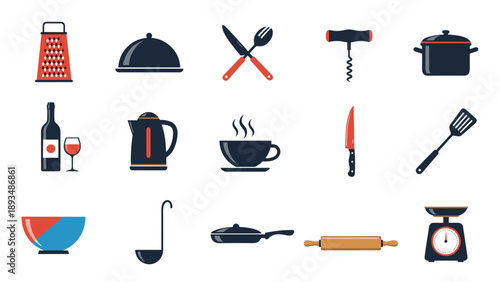 Comprehensive set of kitchen tool icons includes cooking equipment and utensils for food preparation and dining service in flat style.
