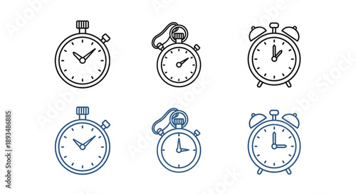 Collection of various stopwatch and alarm clock illustrations in different styles and colors, premium file (228).eps, showcasing timekeeping devices