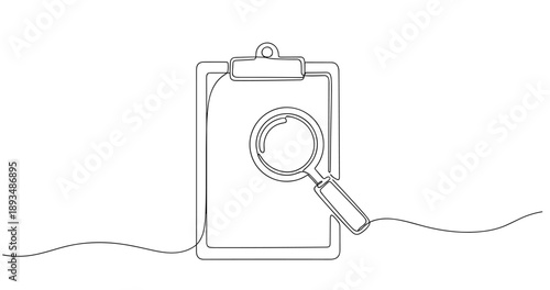 Continuous line drawing of magnifying glass on clipboard. No editable stroke
