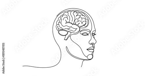 Continuous line drawing of human face with brain depiction in profile view. No editable stroke