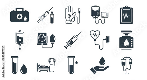 Medical icons collection featuring healthcare symbols and equipment for hospital and clinical use