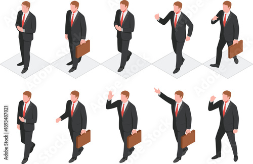 Isometric businessman vector illustration set showing professional male character walking, standing, and gesturing with briefcase, modern office poses for corporate, business, and workplace design use