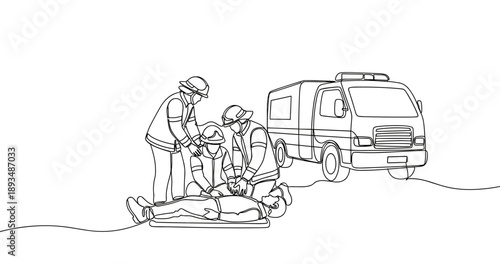 Emergency response: firefighters and paramedics aid unconscious adult male with cpr. No editable stroke