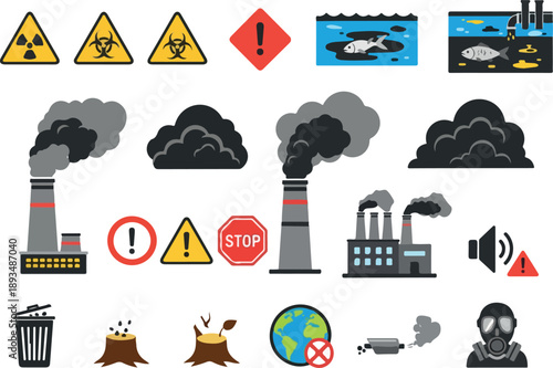 Set of pollution icons, industrial smog, environmental damage, and hazard symbols illustrating ecological problems and threats to nature