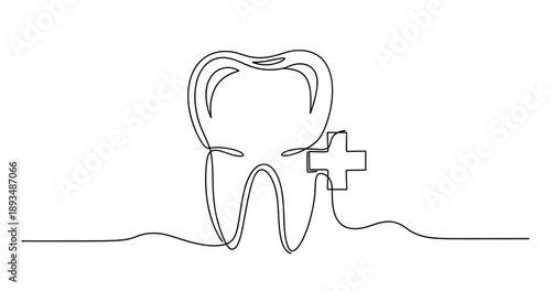Continuous line drawing of tooth with medical cross symbol for dental health. No editable stroke