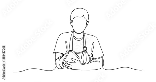 Continuous line drawing of male figure with arm in sling, sitting at table. No editable stroke
