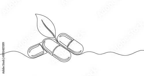 Minimalist line drawing of capsules with leaf on wavy line. No editable stroke