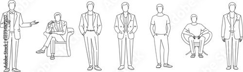 Minimal line art businessman character poses illustration with standing seated and presenting men in formal and casual outfits for corporate lifestyle design and professional concepts