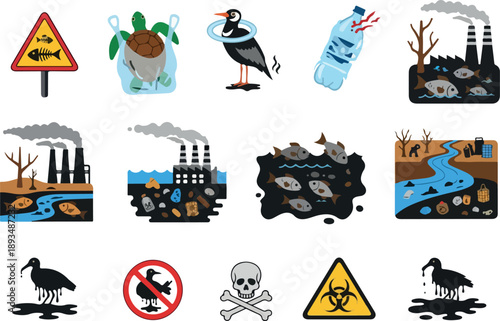 Environmental pollution icons depicting different types of pollution and their harmful effects on wildlife and the planet