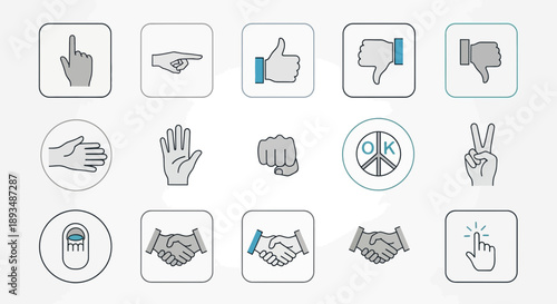 Hand Gesture Icons Set Thumbs up, Pointing, Peace, Ok, and More Symbolic Actions