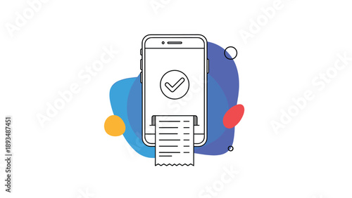 Smartphone graphic displays a checkmark for successful transaction with a digital receipt emerging from the screen bottom.