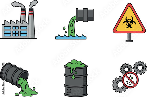 Set of pollution and industrial waste icons including a factory, toxic waste barrels, and biohazard symbol
