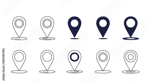 Various styles of location pin and map marker icons are displayed in a clean grid showing both outline and solid designs.