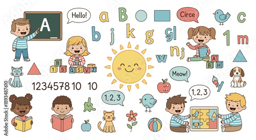 Preschool Learning Kit Numbers, Letters, and Shapes for Early Education.