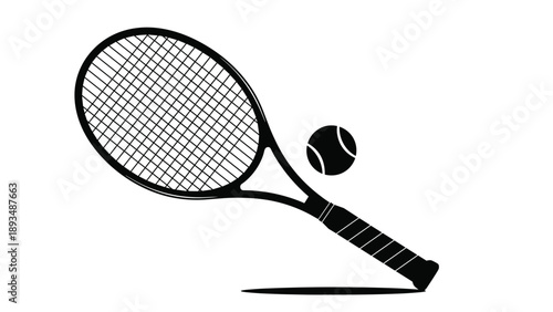 Simple black silhouette of a tennis racket hitting a ball is shown against a white background with a shadow at the bottom.