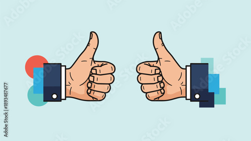 Two hands wearing business suit sleeves give a positive thumbs up gesture against a blue background with abstract shapes.