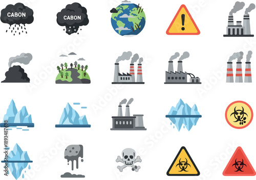 Environmental icons depicting pollution, climate change, global warming, and industrial impact