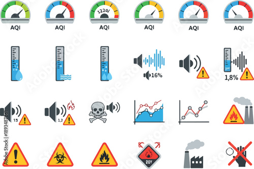 Environmental monitoring and pollution indicator icons showcasing air quality, noise levels, and hazardous material warnings for eco-conscious data visualization and awareness campaigns
