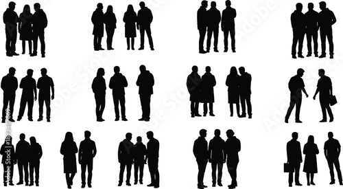 Business people silhouette set, group of men and women standing and talking, corporate teamwork concept, black vector, isolated