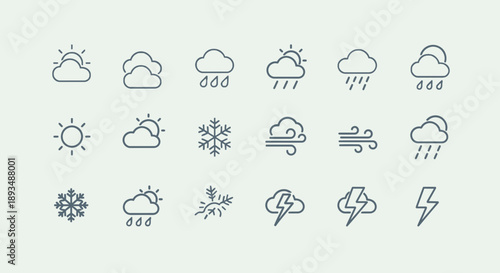Weather Icons Set Sun Clouds Rain Snowflake Wind Lightning Syllable Vector Illustrations