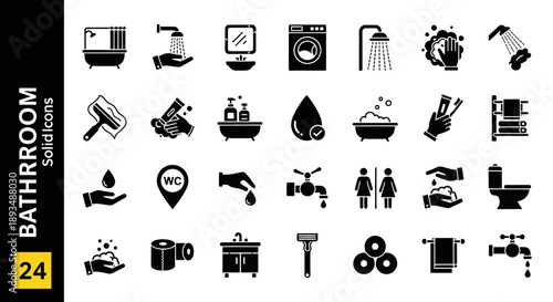 Collection of bathroom icons in black and white, showcasing various fixtures and accessories in a grid layout