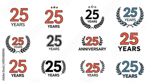 Comprehensive collection of 25th anniversary logos features silver jubilee emblems with ribbons laurel wreaths and stars.