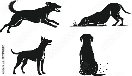 Dog silhouette illustration set, running sitting sniffing canine poses, pet animal collection, black vector design, isolated on white