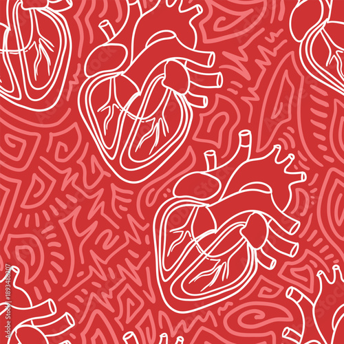 Red and white seamless repeating pattern featuring heart illustrations combined with abstract doodles. This design is ideal for healthcare backgrounds, cardiology projects, wallpapers, textiles, and d