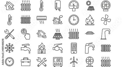 Collection of various black line icons representing home appliances and devices in a grid layout, premium file (237).eps