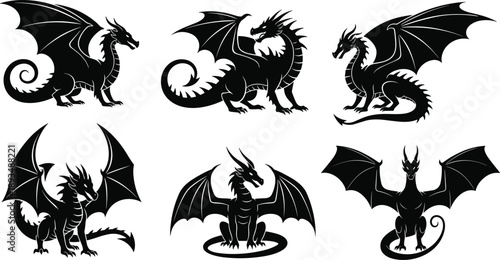 Dragon silhouettes collection, fantasy mythical creatures set, flying dragons illustration, medieval legend animals, black vector design, tattoo logo style