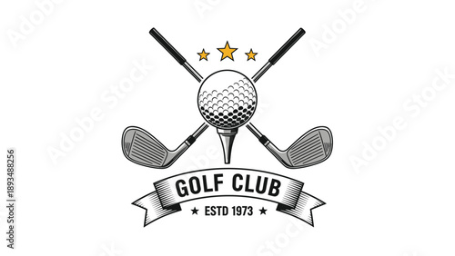 Vintage style golf club logo features crossed clubs and a ball on a tee inside a banner with stars and established date.