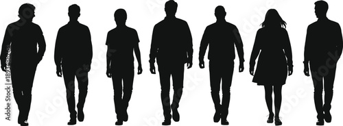 People walking silhouette illustration set featuring men and women moving forward in casual poses, black human figures for lifestyle, teamwork, community, and social concept designs