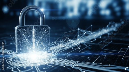 Cybersecurity Padlock on Circuit Board Protecting Digital Network