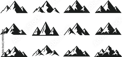 Mountain silhouette icons set, black alpine peaks and snowy ridges, minimalist nature landscape symbols, adventure logo design, vector illustration