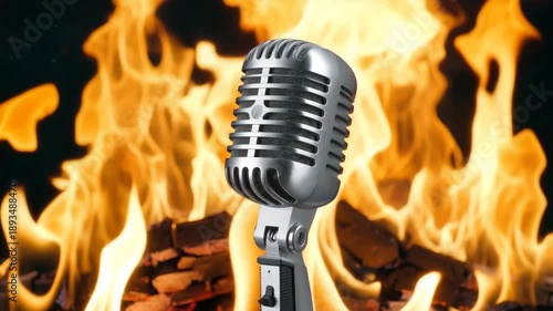 Vintage microphone stands before a blazing campfire during nighttime