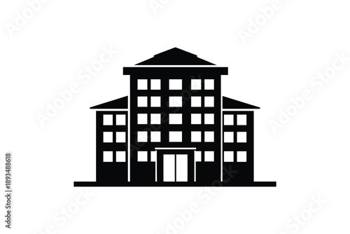 Black silhouette of a modern building with many windows and entrance on white background