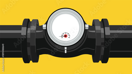 Industrial water meter or pressure gauge is installed on a black pipe against a bright yellow background for maintenance themes.